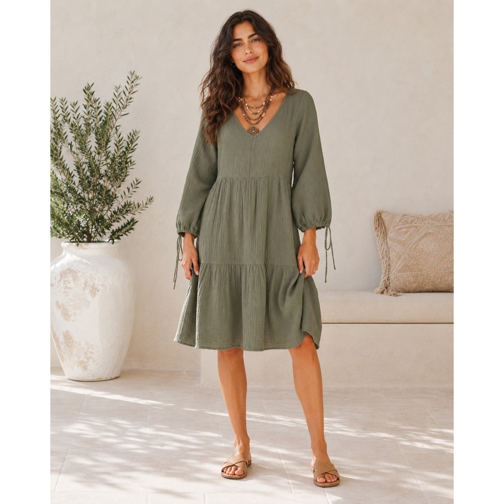 Anthropologie Saturday Sunday Olive Green Gauze Tiered V-Neck Mini Dress XS